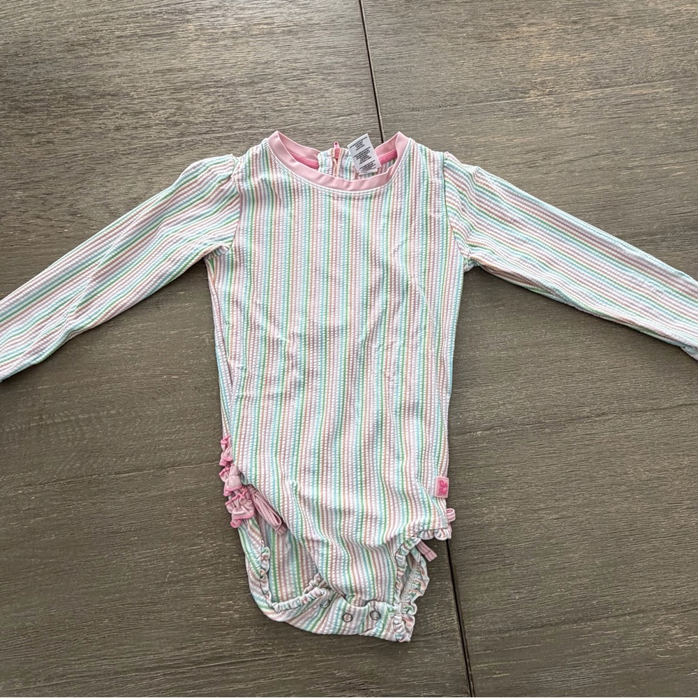 Ruffle Butts Pink and Green Striped Kids Swim One Piece 3T